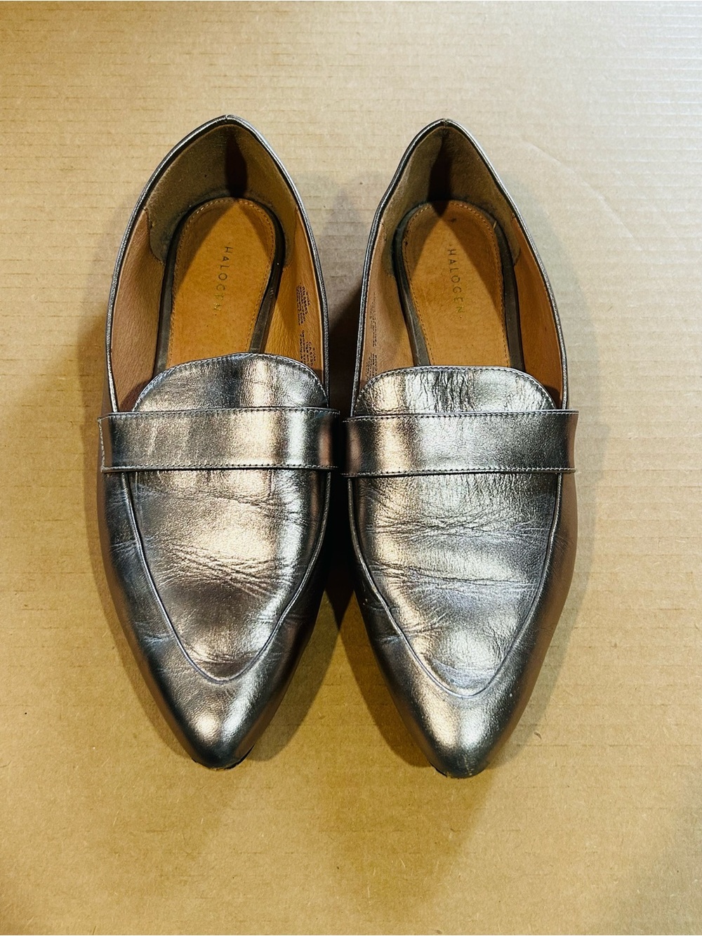 Halogen Metallic Pewter Pointed Slip-On Loafers